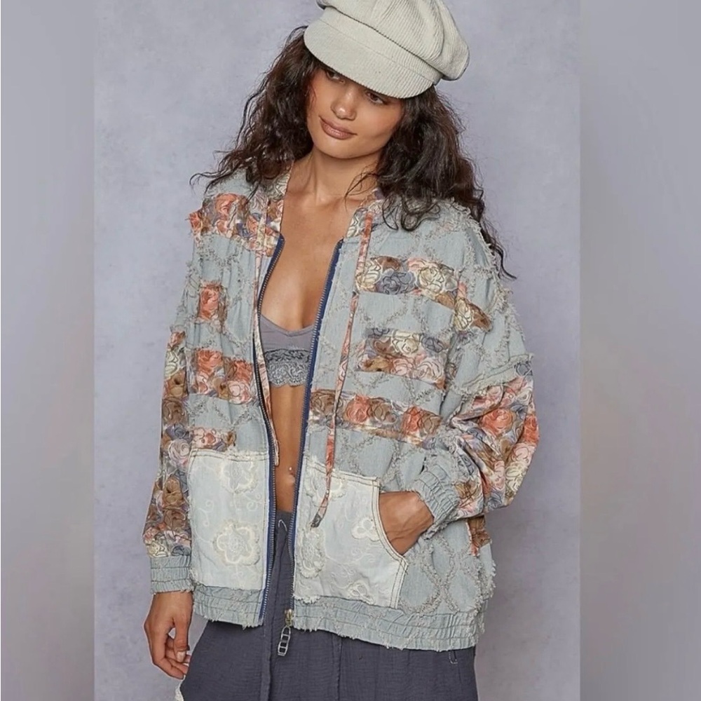 POL X Scrap Work Boutique Vintage Washed Mixed Patch Zip Up Hooded Denim Jacket